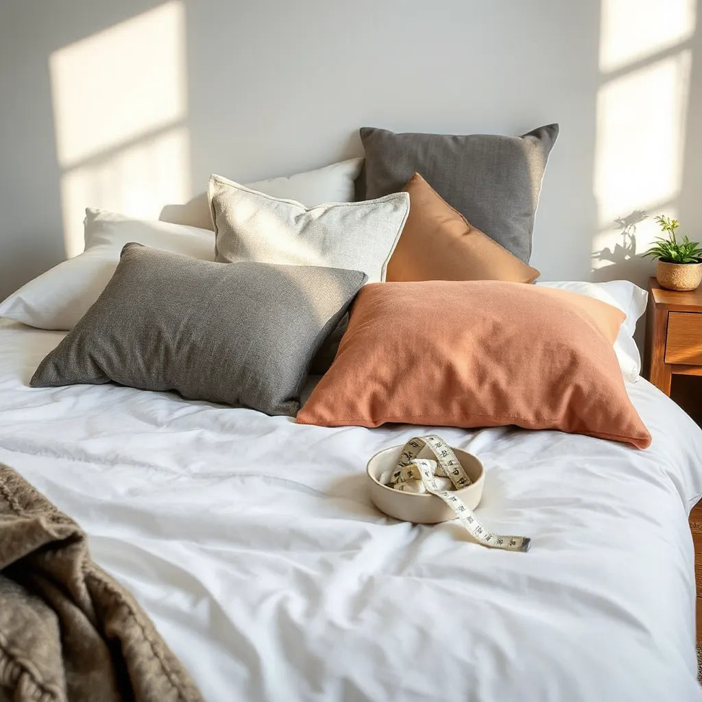 Neatly arranged pillows on a bed with fabric swatches and a measuring tape on a bedside table