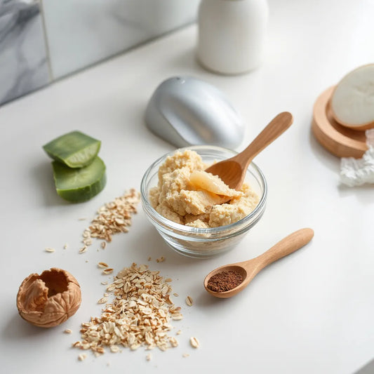 Roślinny peeling złuszczający w szklanej misce z naturalnymi składnikami obok