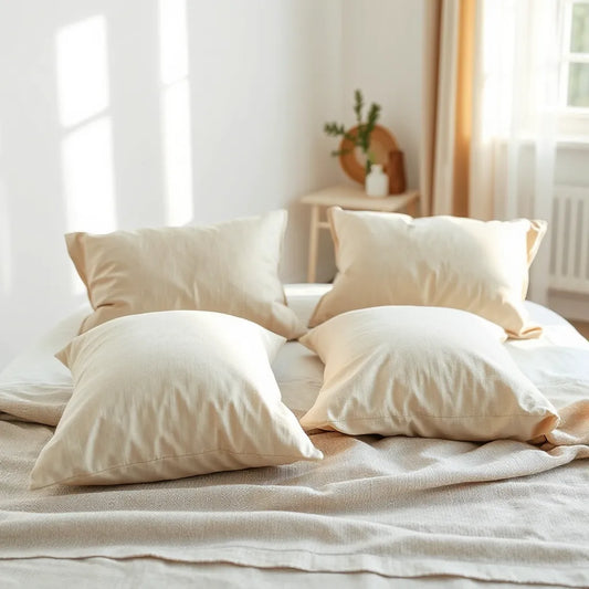 Neatly made bed with comfortable neutral-colored pillows in soft morning light.