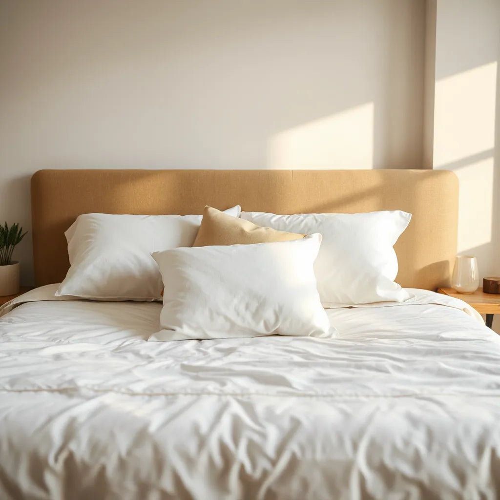 Neat bed with a comfortable pillow in soft morning light, creating a calm sleep-ready atmosphere