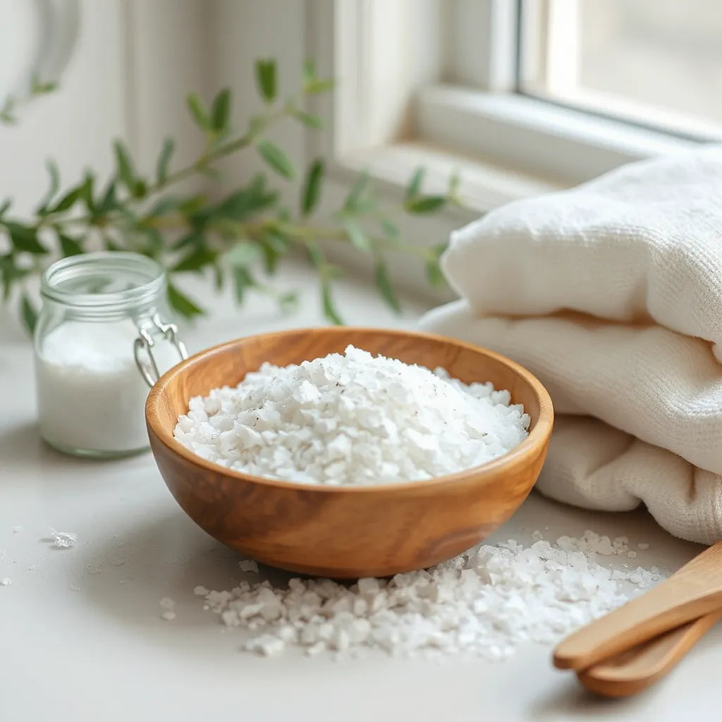 Drewniana miska z organicznymi solami do kąpieli obok ręcznika i lnianej tkaniny