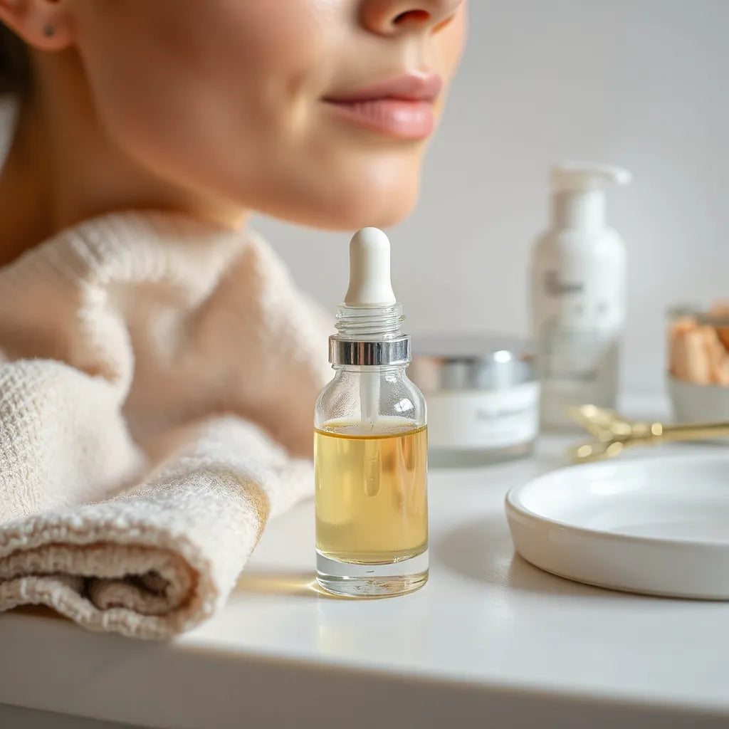 Szklana butelka z kroplownikiem odmładzającego serum na tle delikatnej pielęgnacji skóry na jasnej toaletce