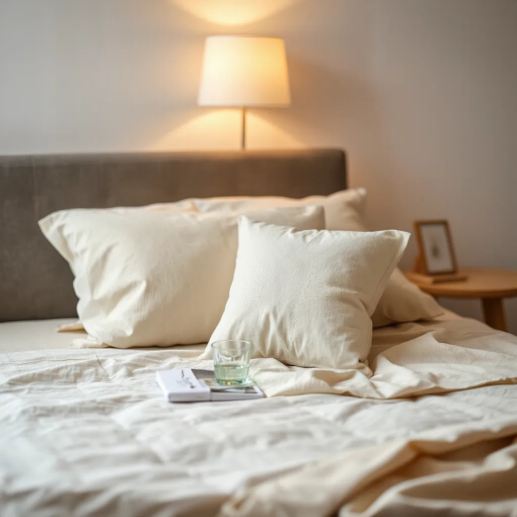 Neatly arranged bed pillows with soft morning light, suggesting comfortable sleep support
