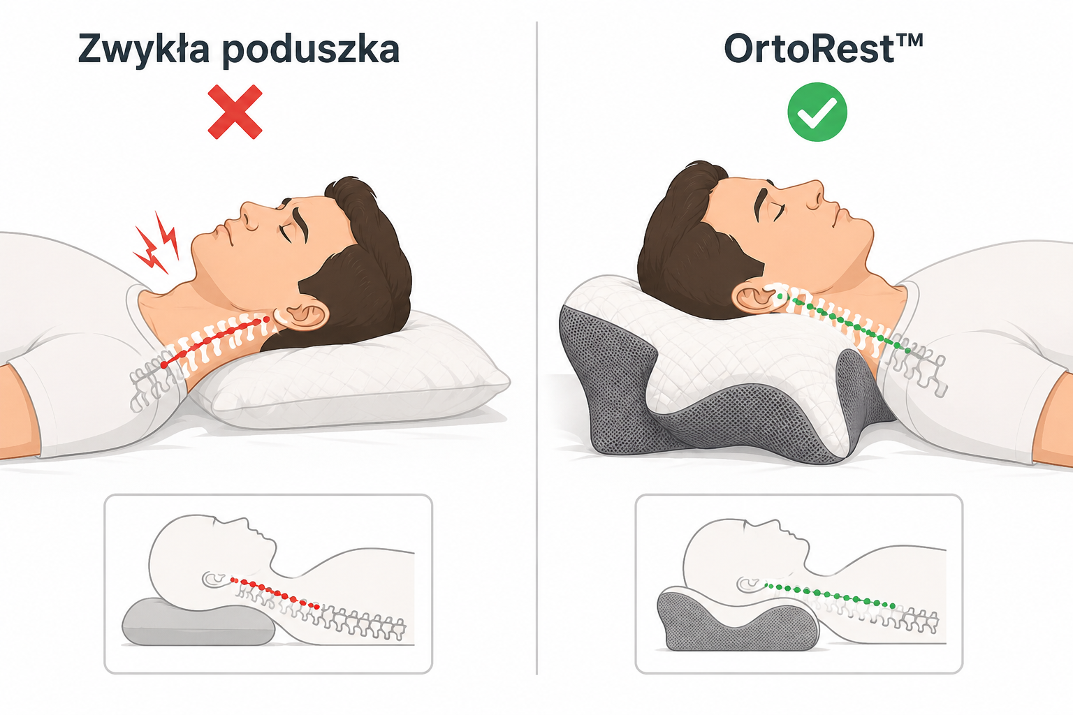 Zwykła poduszka vs OrtoRest™ — porównanie ułożenia kręgosłupa